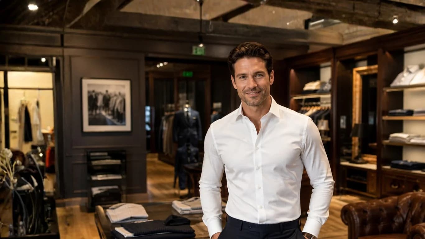 Mann in maßgeschneidertem weißen Hemd im Showroom